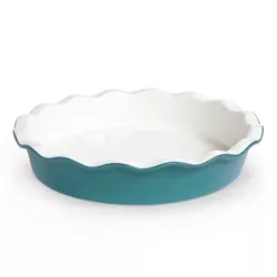 Kook Round Ceramic Pie Dish, Wave Edge, 10 Inch, 44 oz, Aqua