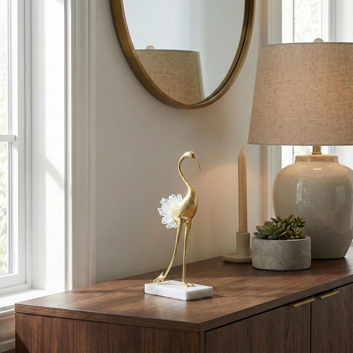 Elegant Crane Sculpture with Marble Base, Decorative Bird Statue for Tabletop Display, Living Room Accent, Entryway Decor, or Centerpiece Ornament - thumbnail 4