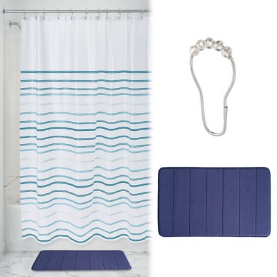 blue and white striped shower curtain
