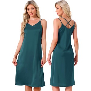 INSPIRE CHIC Women's Sleepdress Satin Sleeveless Double Spaghetti Strap Criss Cross Back V Neck Midi Lounge Nightgown - 1 of 4