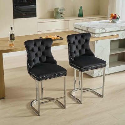 Resenkos Counter Bar Stools, Counter Stool,25" Counter Height Bar Stools Set of 2 with Button Back and Metal Base Legs(Black,2 Pack)