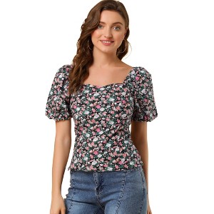 Allegra K Women's Puff Sleeve Square Neck Peasant Floral Blouse - 1 of 4