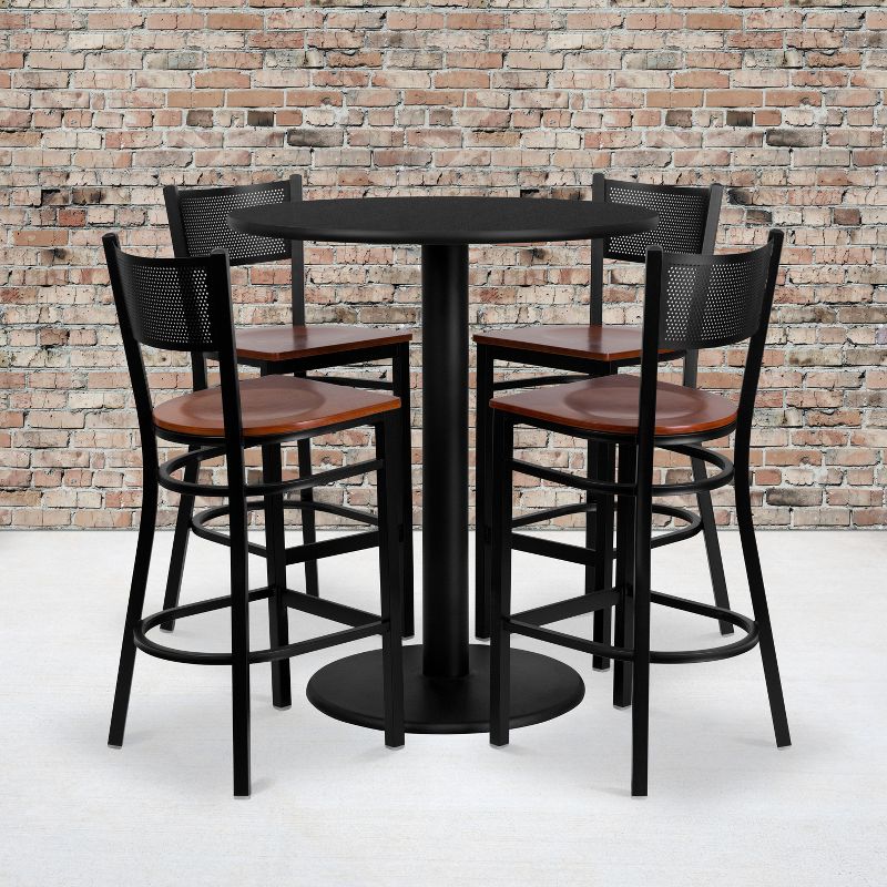 Flash Furniture 36'' Round Black Laminate Table Set with 4 Grid Back Metal Barstools - Cherry Wood Seat, 2 of 3