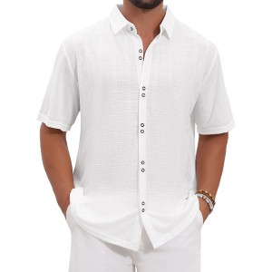 INSPIRE CHIC Men's Texture Short Sleeve Button Down Solid Casual Knitted Shirt - 1 of 4