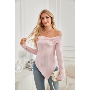 Coolmee Women's Fashion Casual Blouses Long Sleeve Solid Off Shoulder Slim Fit T-Shirt Cropped Tops Bow Tie Ribbed Knit Shirts L Pink - 1 of 4