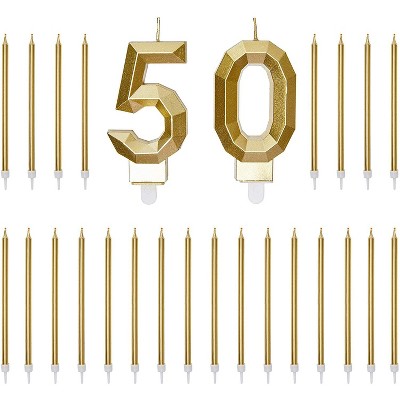 Blue Panda Gold Foil Numbers 50 Cake Topper & 24-Pack Thin Birthday Candles, 50th Birthday Party Decorations