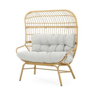 Palos Light Brown Wicker Outdoor Loveseat with Gray Cushions