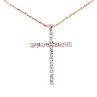Silver 1.0 Cttw Champagne Diamond Gold Cross Pendant Necklace for Women
