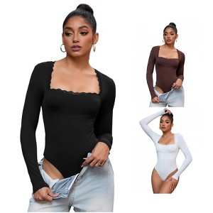 INSPIRE CHIC 3 Pcs Women's Lace Square Neck Long Sleeve Tummy Control Body Shapers - 1 of 4