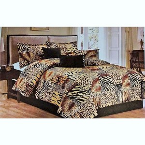 Multi Animal Print Faux Micro Mink Comforter Set – Black, Brown & Tan - 1 of 4
