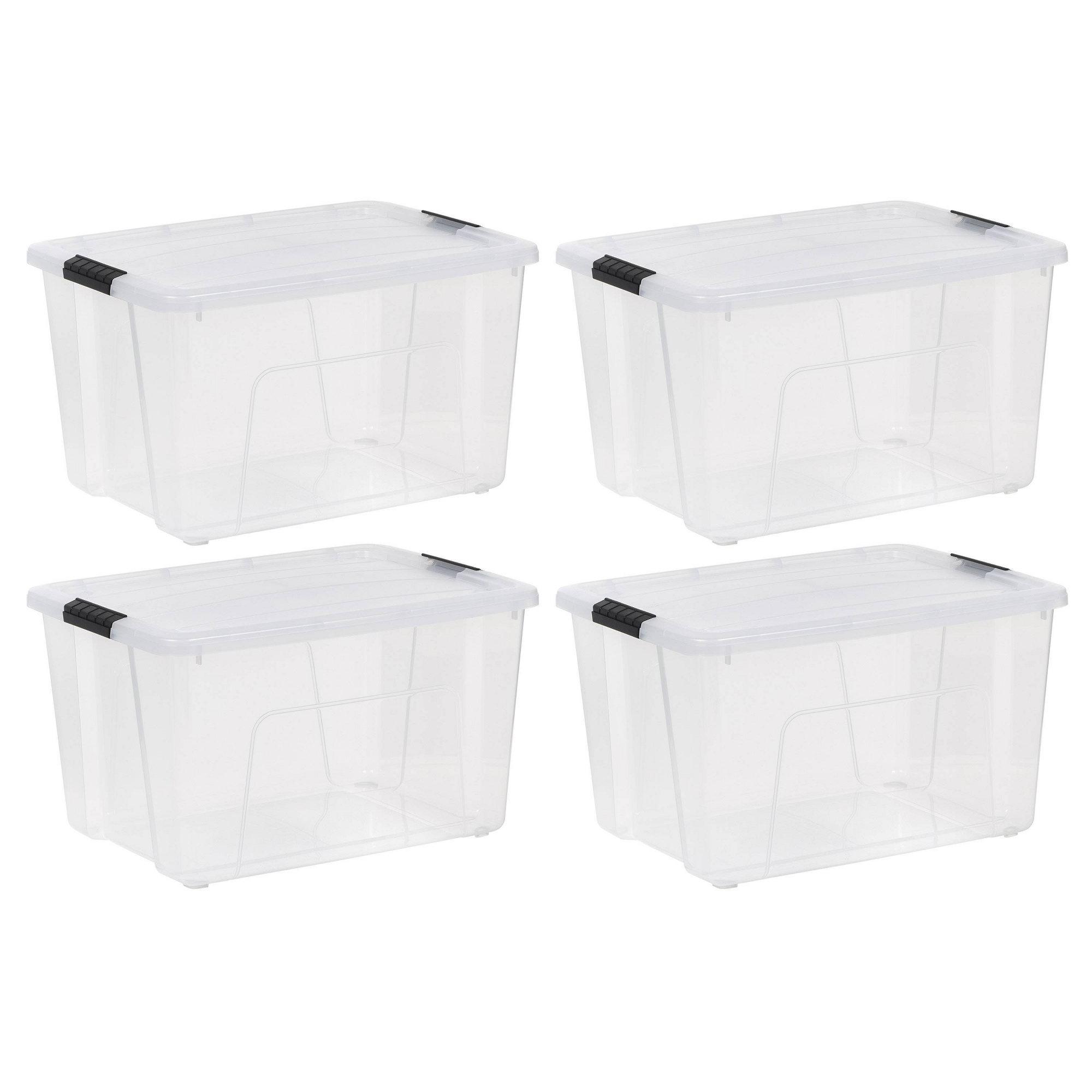 IRIS 60qt 4pk Plastic Storage Bins With Lids and Latching Buckles: Clear, Stackable, Portable Tote for Universal Storage