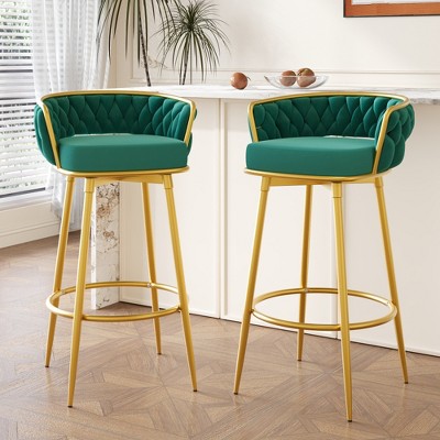VASIP Swivel Counter Height Bar Stools Set of 2 with Hand-Woven Backrest & Gold Metal Legs, Low Back Upholstered High Bar Chairs with Footrest