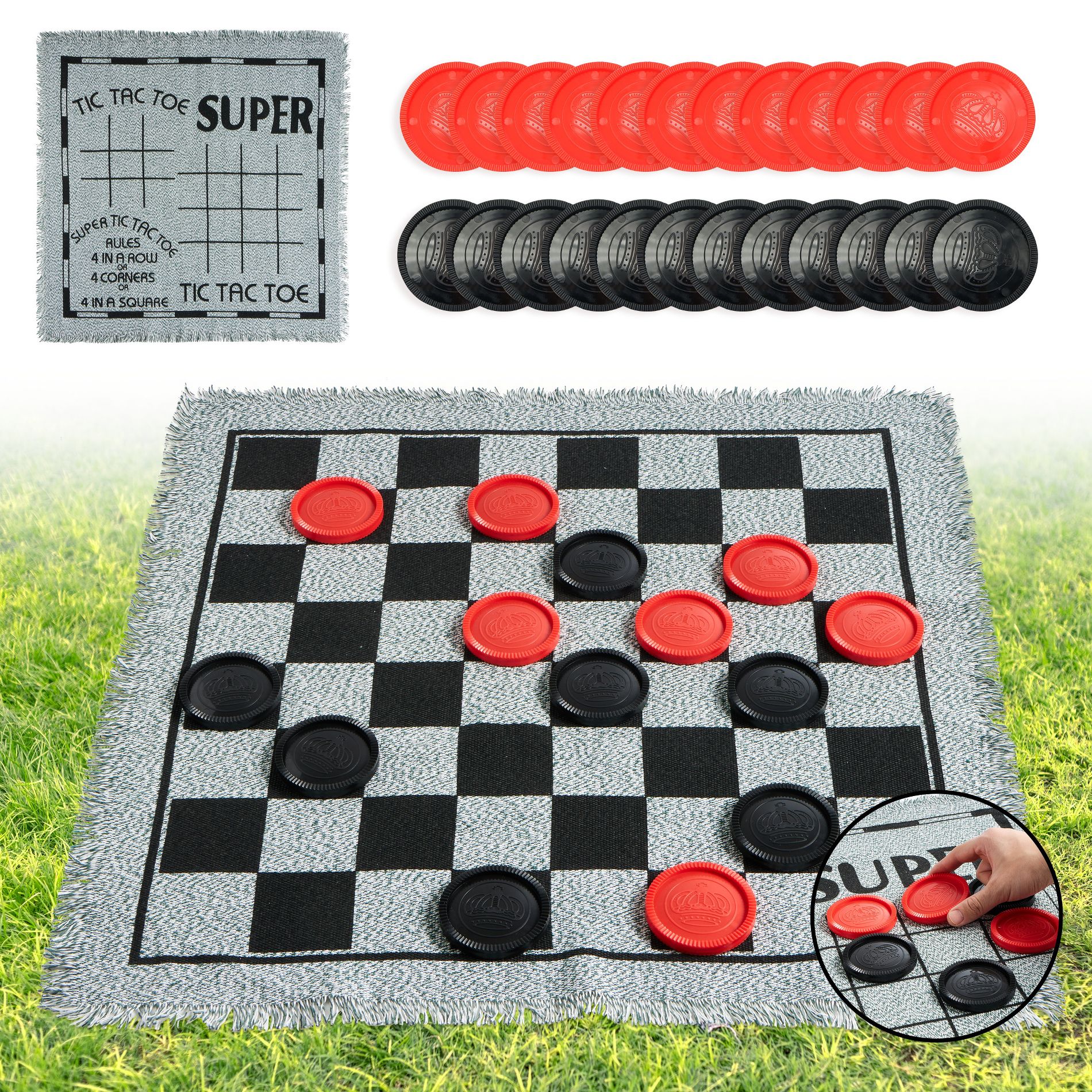 Joyfy 3-In-1 Giant Checkers, Tic Tac Toe Board Games With Reversible Mat 24 Chips, Indoor/Outdoor Toys For Kids Adults Family Lawn Party Yard Games