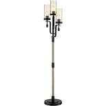 Franklin Iron Works Rustic Farmhouse Floor Lamp Tree 3-Light 64.25" Tall Antique Brass Black Faux Wood Hammered Glass Shade Living Room House