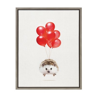 18" x 24" Sylvie Hedgehog Balloons Framed Canvas Wall Art by Amy Peterson Gray - DesignOvation