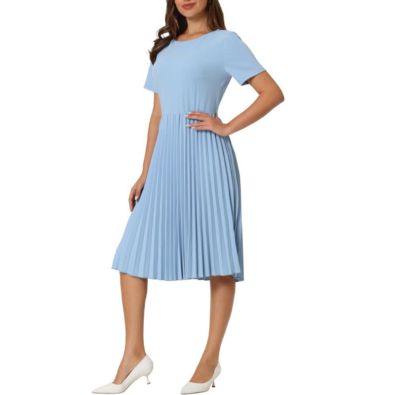 Hobemty Women's Pleated Knee Length Short Sleeve Work A-Line Dress, 4 of 5