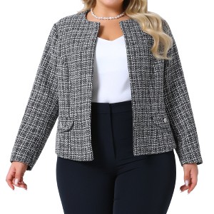 Agnes Orinda Women's Plus Size Tweed Long Sleeve Open Front Work Business Casual Collarless Fashion Jackets - 1 of 4