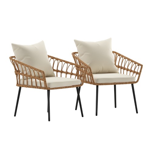 Merrick Lane Set of Two Indoor/Outdoor Boho Style Natural Open Weave Rattan  Rope Patio Chairs with Cream Cushions