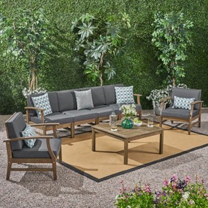 GDFStudio Abena Outdoor Acacia Wood 6 Seater Sofa and Club Chair Set with Cushions - 1 of 4