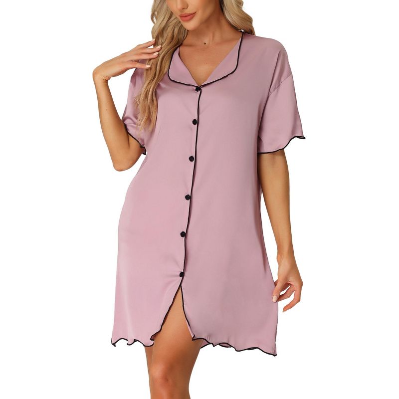 cheibear Women's Satin Short Sleeve Sleepshirt Button Down Pajama Nightgown, 1 of 6