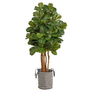 Nearly Natural 5-ft Fiddle Leaf Fig Artificial Tree in Handmade Black and White Natural Jute and Cotton Planter - 1 of 4
