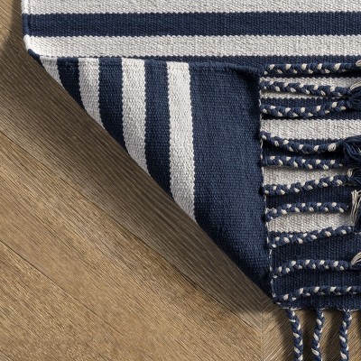 Blue Striped Cotton Reversible 5' x 8' Area Rug