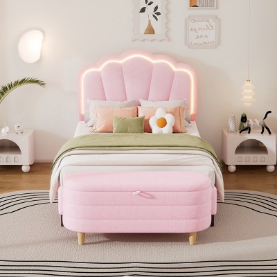 2-Pieces Bedroom Sets, Full Size Flower-Shaped Upholstered Led Platform Bed, Storage Bench For Organized Spaces-Cuddlewood
