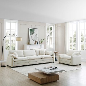 Mid-Century Modern 2-Piece Sofa Set, One 3-Seater and One Single Seat with Arm and Throw Pillows for Living Room - 1 of 4