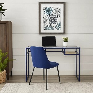 Royal Hampton Rectangular Glass Top Desk with Open Compartment and Sled Base, Blue - 1 of 4