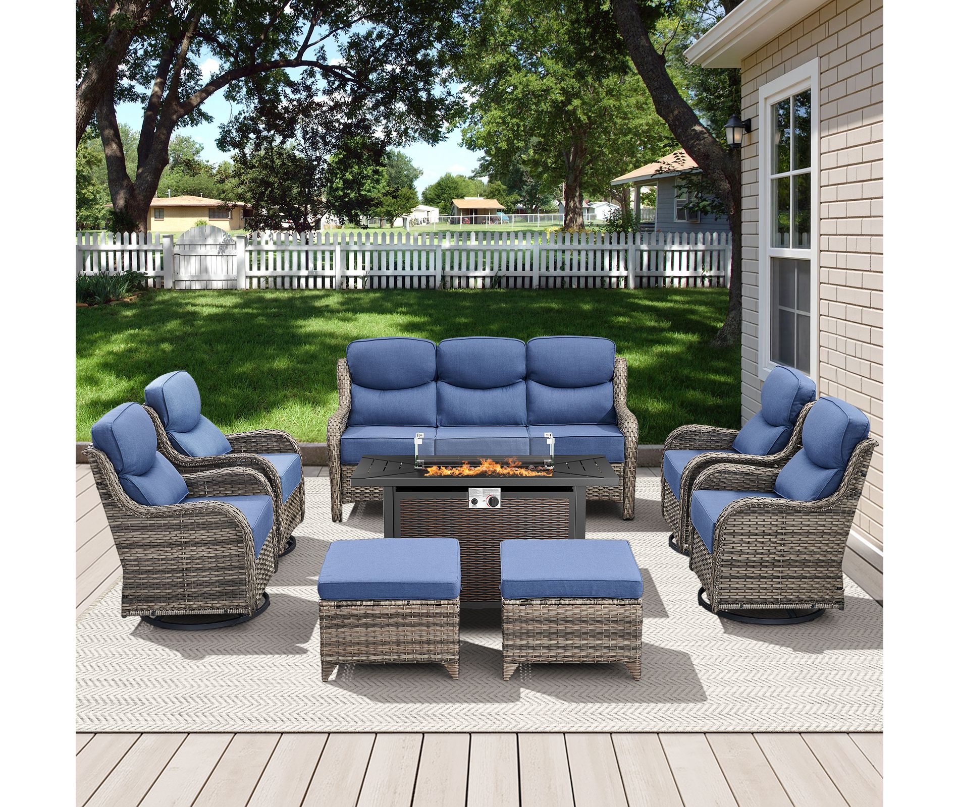 Belord High Back Outdoor Furniture with 6-Inch Thick Cushion, Patio Furniture Set with Fire Pit Table & Swivel Chair, 8PCS Wicker Conversation Set