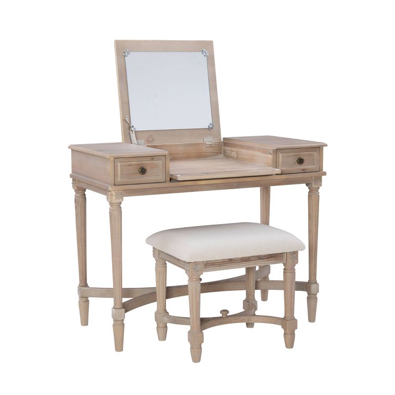 Cyndi Traditional Washed Wood Flip Up Mirror 2 Drawer Vanity and Upholstered Stool Gray - Linon, 5 of 20