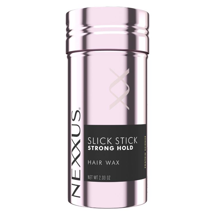 Pink colored cylindrical container labeled "Nexxus Slick Stick Strong Hold Hair Wax" with a net weight of 2.33 oz.