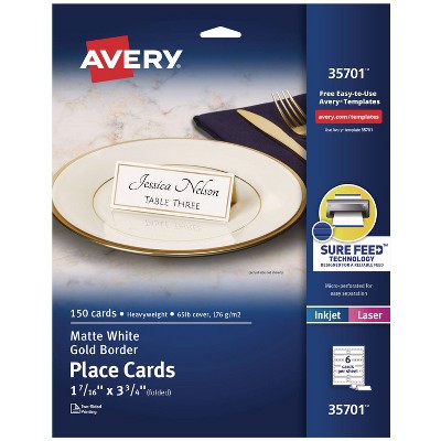 Avery Tent Cards, White/Gold, 3.75" x 1.44", 6 Cards/Sheet, 25 Sheets/Pack
