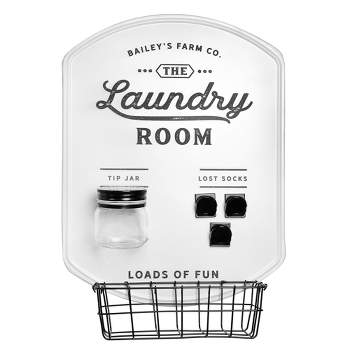 AuldHome Design Farmhouse Enamelware Laundry Room Sign, 7pc Set; w/  Lost Socks Clips, Tip Jar, Basket