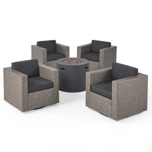 Christopher Knight Home Eli Outdoor Wicker 5 Piece Swivel Club Chair and Fire Pit Set with Cushions - 1 of 4