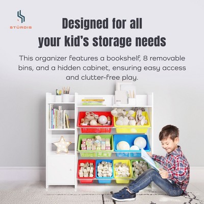 White Kids Toy Storage Organizer with Bookshelf and Colorful Bins