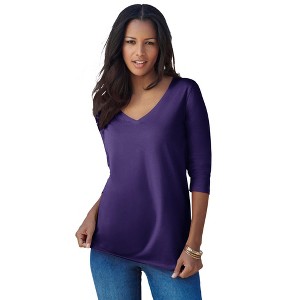 Roaman's Women's Plus Size Ultimate Long Sleeve V Neck Tee - 1 of 4