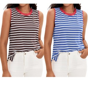 ATHLECHIC Women's Striped Color Block Side Slits Crew Neck Casual Sleeveless Shirts 2 Packs - 1 of 4