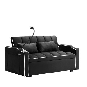 TiramisuBest 55" Velvet Foldable Sofa Bed with Adjustable Backrest and USB Port, 2-Seat Convertible Sleeper Couch with Pillows, Light Gray - 1 of 4