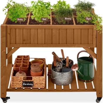 Best Choice Products Elevated Mobile Pocket Herb Garden Bed Planter w/ Lockable Wheels, Storage Shelf - Acorn Brown