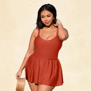 Women's Plus Size Alluring Rust Red Cami Skater Dress for Curvy Figures - Cupshe - 1 of 4