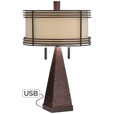 Franklin Iron Works Industrial Table Lamp with USB Charging Port Rustic Hammered Bronze Double Shade for Living Room Bedroom Bedside Family