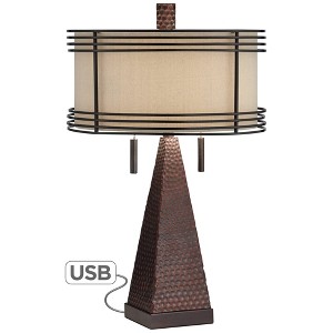 Franklin Iron Works Niklas Industrial Table Lamp 26" High Hammered Bronze with USB Charging Port Double Shade for Bedroom Living Room Bedside Desk - 1 of 4