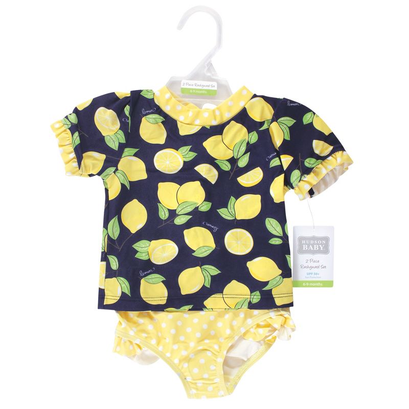 Hudson Baby Infant Girl Swim Rashguard Set, Navy Lemons, 3 of 6
