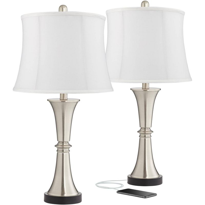 360 Lighting Seymore Modern Table Lamps 26" High Set of 2 White Softback with USB Charging Port LED Touch On Off Silver Drum Shade for Bedroom Desk, 1 of 8