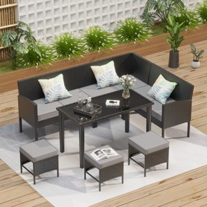 7-Piece Outdoor Rattan Patio Set with Glass Dining Table and Removable Cushions for Balcony or Garden-The Pop Home - 1 of 4