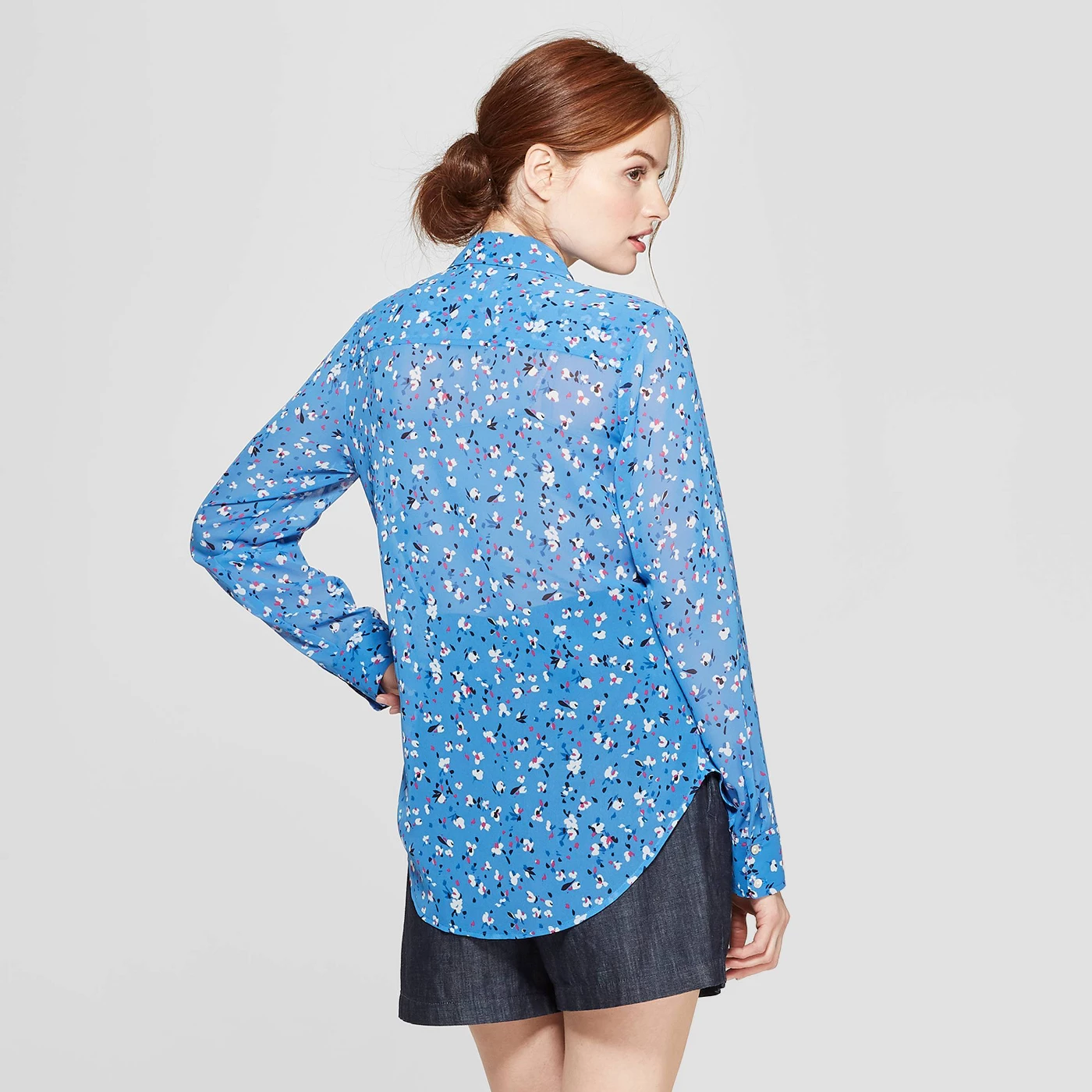 Women's Floral Print Long Sleeve Crepe Blouse - A New Dayâ„¢ Blue - image 2 of 3
