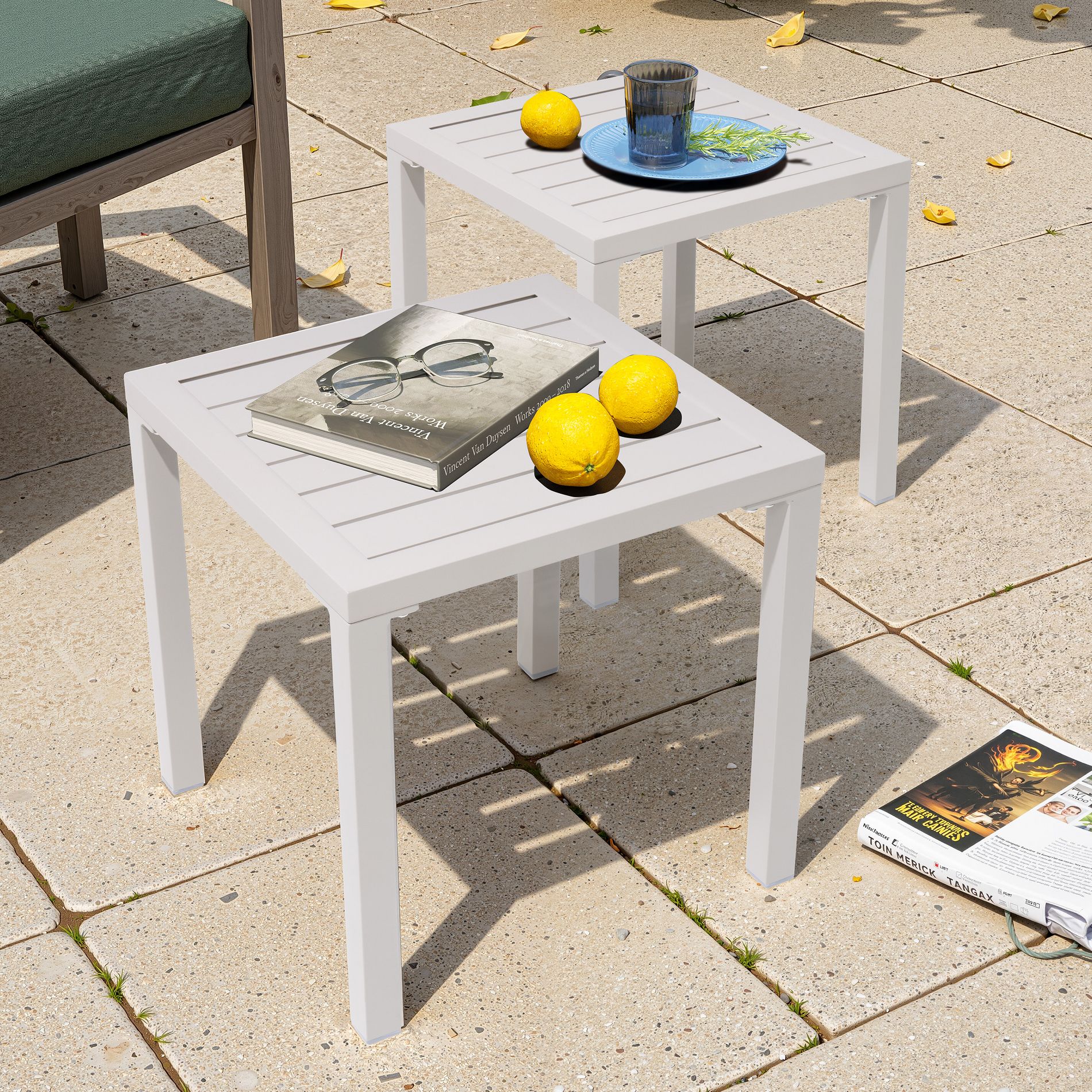 Pellebant Set of 2 Outdoor Aluminum Side Table, Weather-Resistant Patio Coffee Table Beige