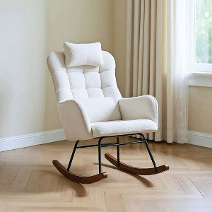 Resenkos Nursery Rocking Chair, Curved Base, Headrest, Lumber Pillow, Nursing Chair with High Back for Living Room, Bedroom, Cream - 1 of 4