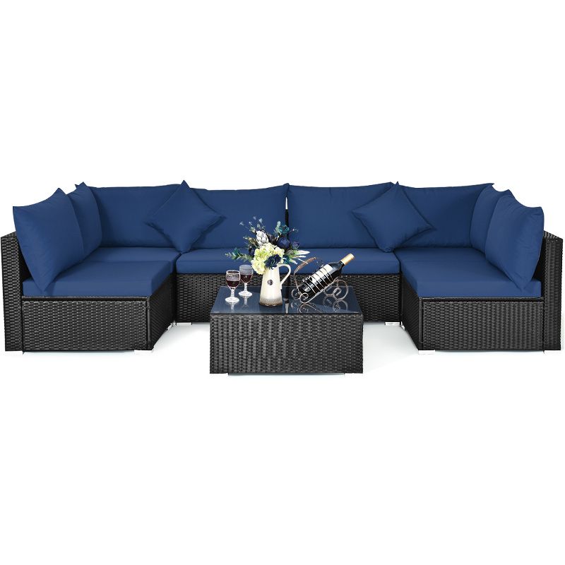 Costway 7PCS Patio Rattan Sofa Set Sectional Conversation Furniture Set Garden Beige\ Navy\Red\Navy Blue, 5 of 10